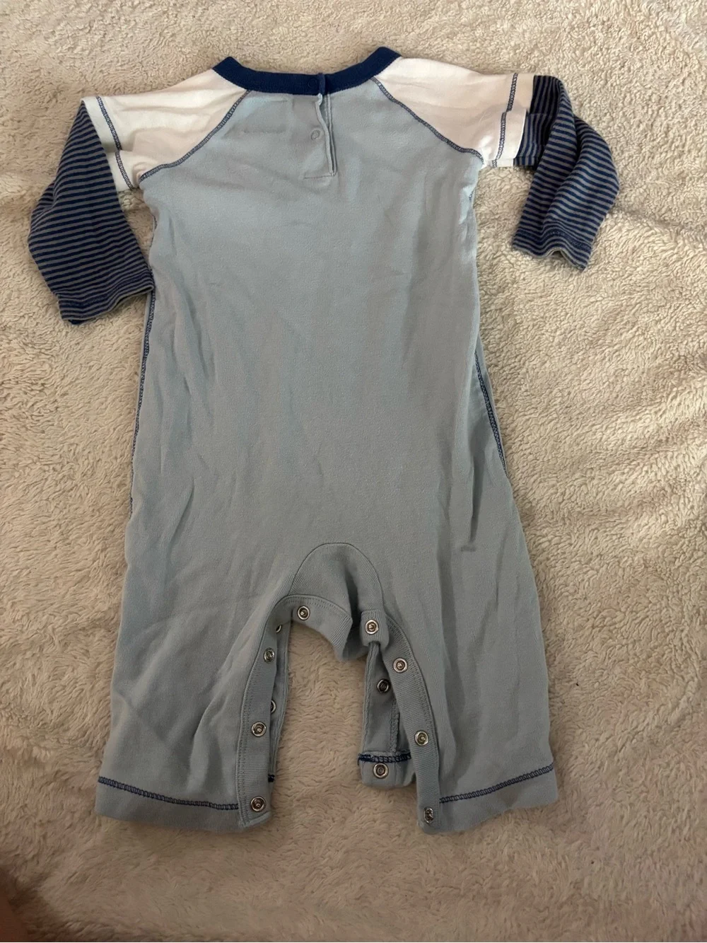 Old Navy Light Blue Baby romper with Navy Accents and Dog print 6-12M